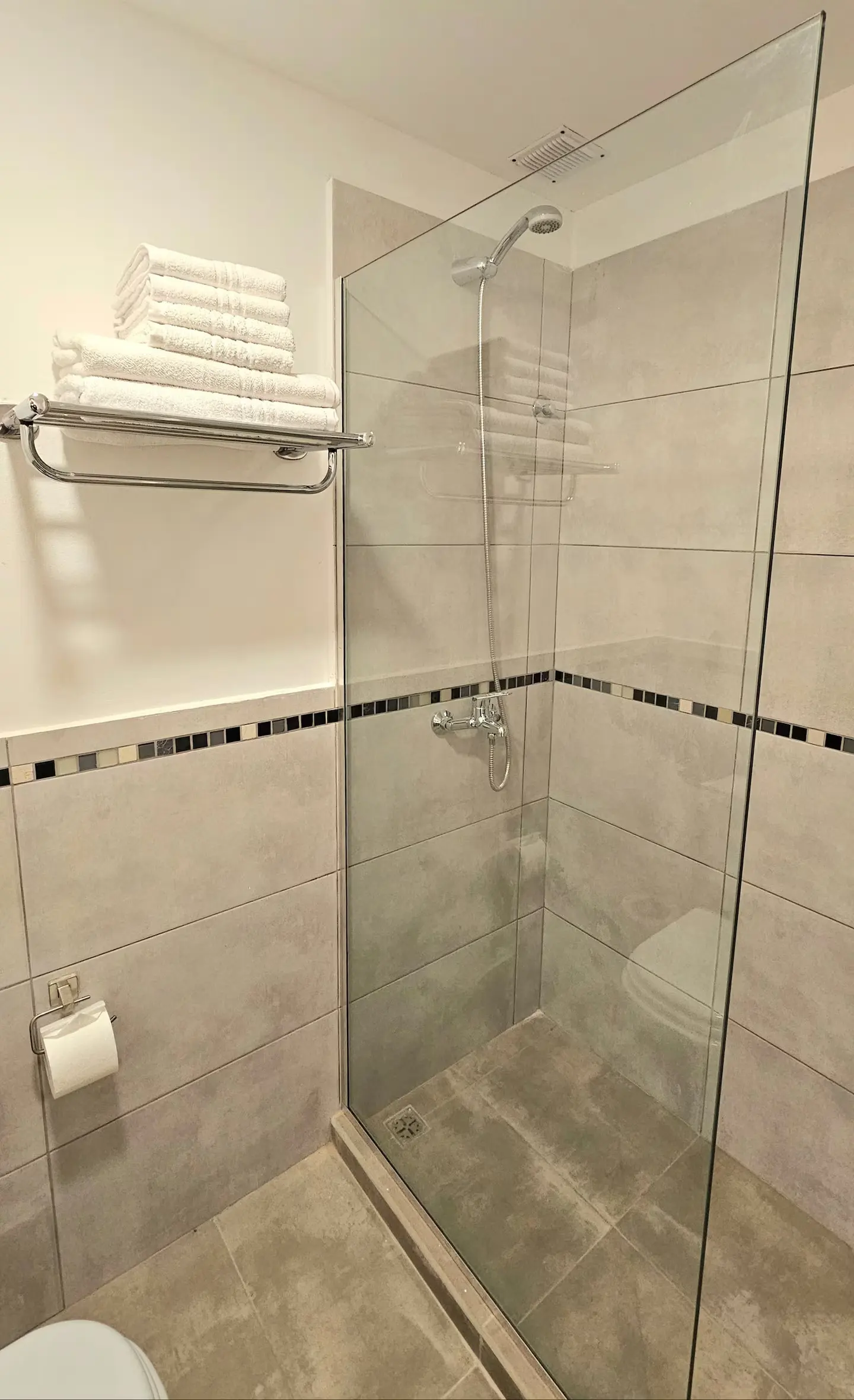Ducha con mampara de vidrio y toallas