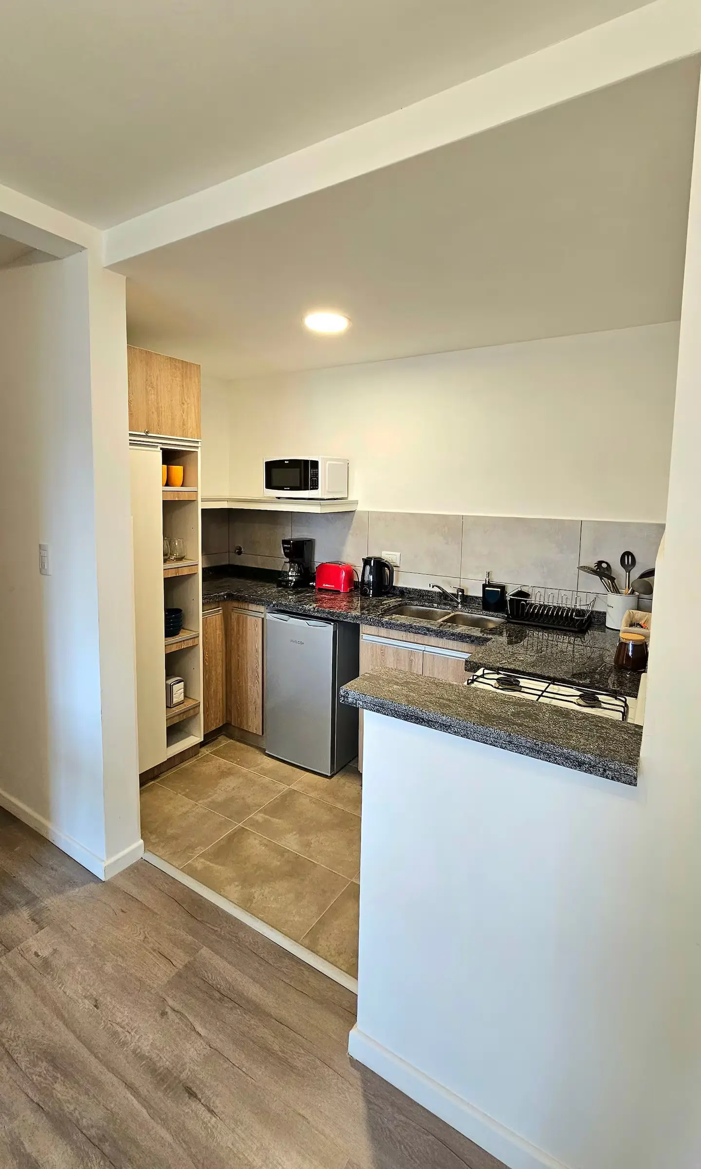 Cocina equipada con heladera, microondas y anafe